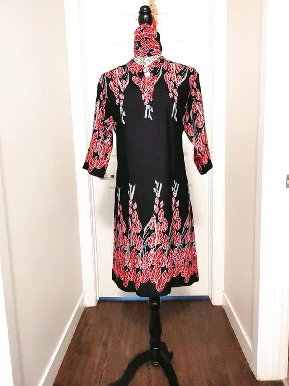 Black Dress with Red Leaf Print Long Sleeves